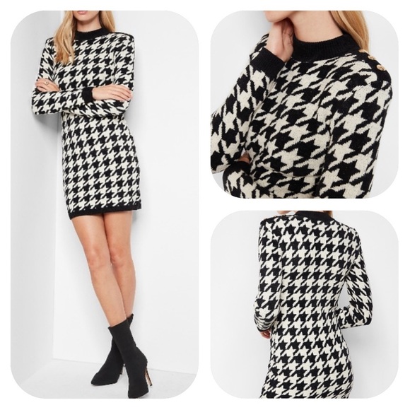 Express XS black/white houndstooth sweater dress with gold button detail - Picture 1 of 11
